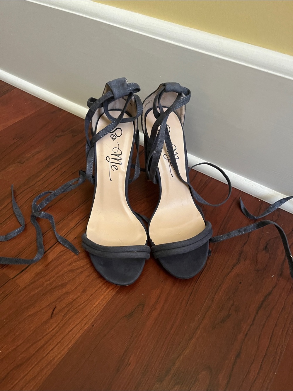 Qupid Navy Suede Lace-Up Open Toe Heels